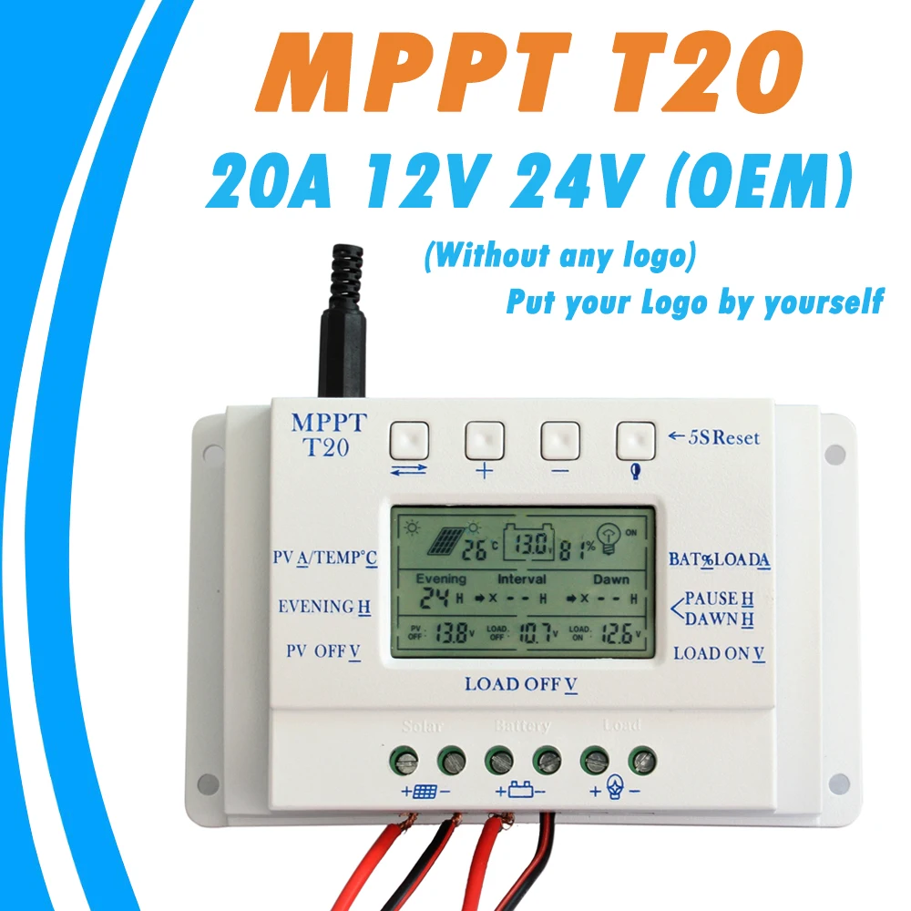 Imagem -06 - Oem Display Lcd 20a Mppt 12v 24v Painel Solar Regulador de Bateria Controlador Carga sem Qualquer Logotipo na Superfície T20 Lcd Atacado