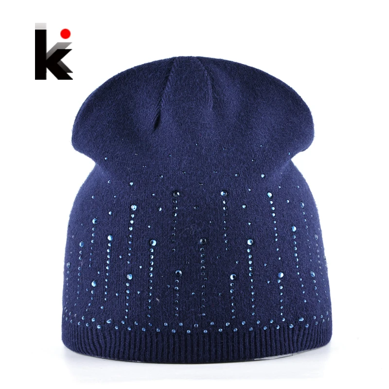 2018 Female Diamond Beanies Hat Autumn And Winter Knitted Rabbit Wool Cap Women Rhinestone Knitting Skullies Hats For Ladies