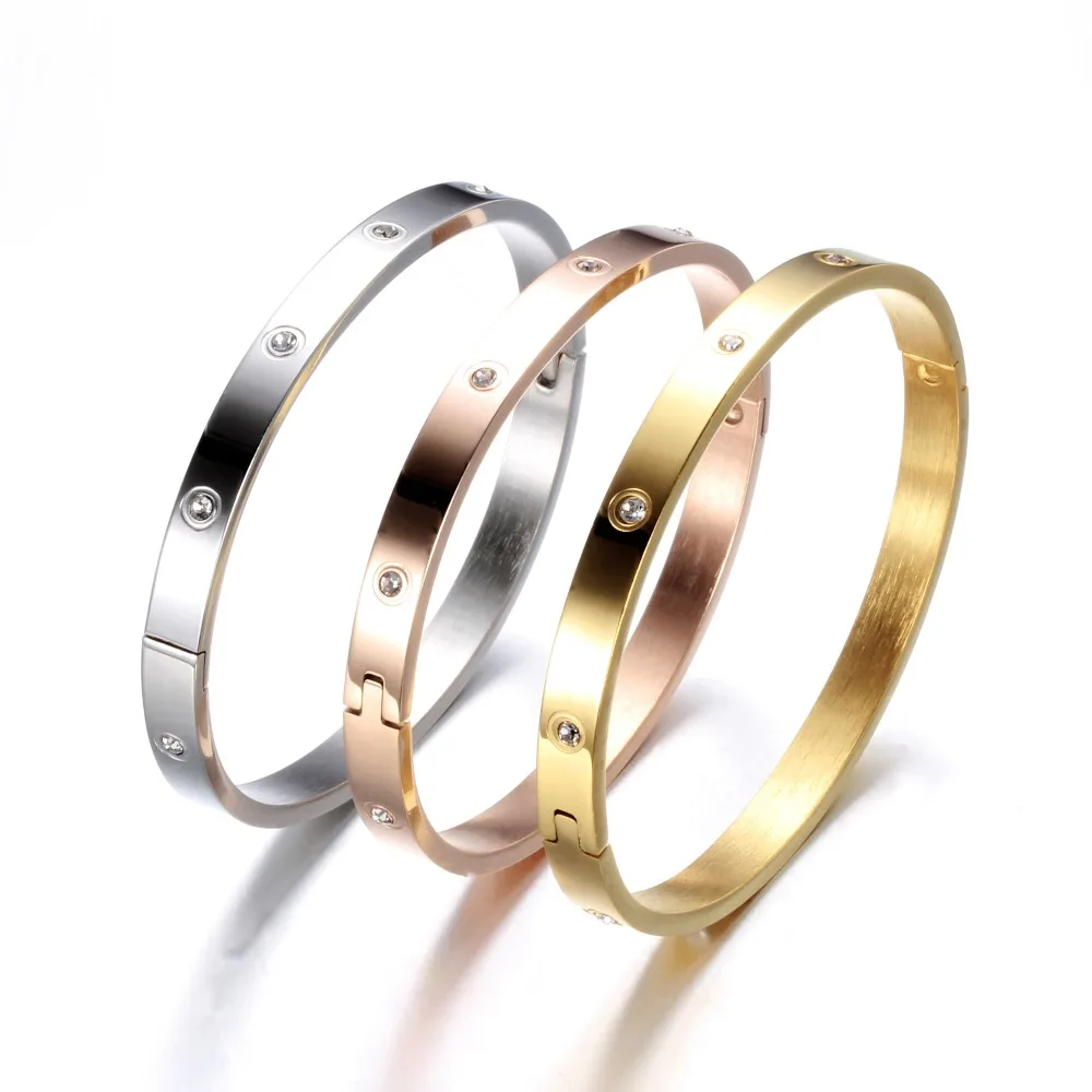 

Luxury Brand Crystal Lover Bracelet Bangles Stainless Steel Bangle With Cubic Zirconia Golden Women Jewelry Gift Accessories