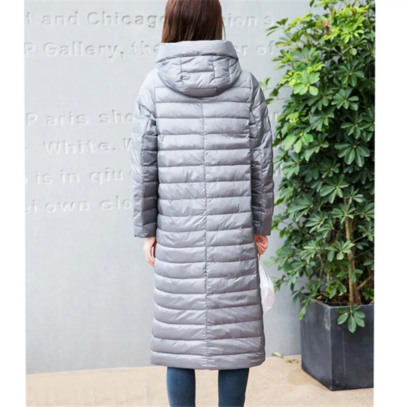 Women Down Jacket 2022 New Autumn Winter Warm Light Thin White Duck Down Coat Parkas Female Long Hooded Puffer Outerwears 4XL