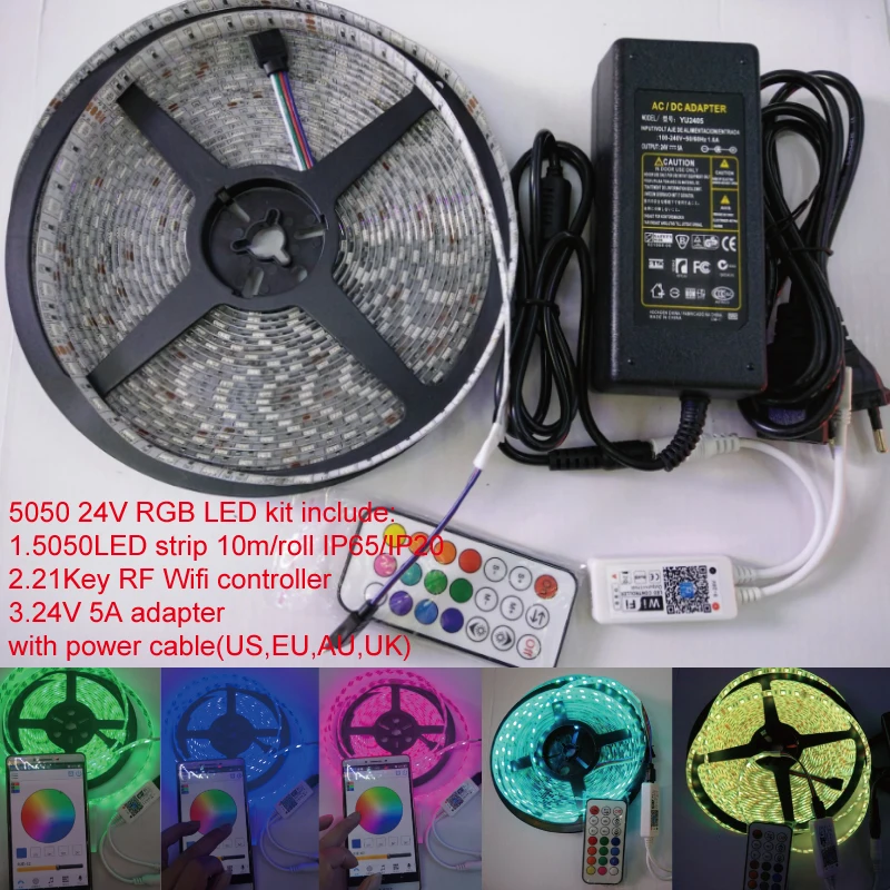 

10m/roll 24V 600LEDs RGB SMD5050 Flexible led Strip+21key IOS& Android wifi color DIY muisc made controller+24V 5A adapter kit