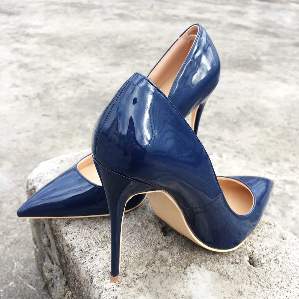 Veowalk Italian Style Women Pointed Toe High Heels Gloss Patent Leather Stilettos Ladies Solid Color Pumps Shoes Navy Blue