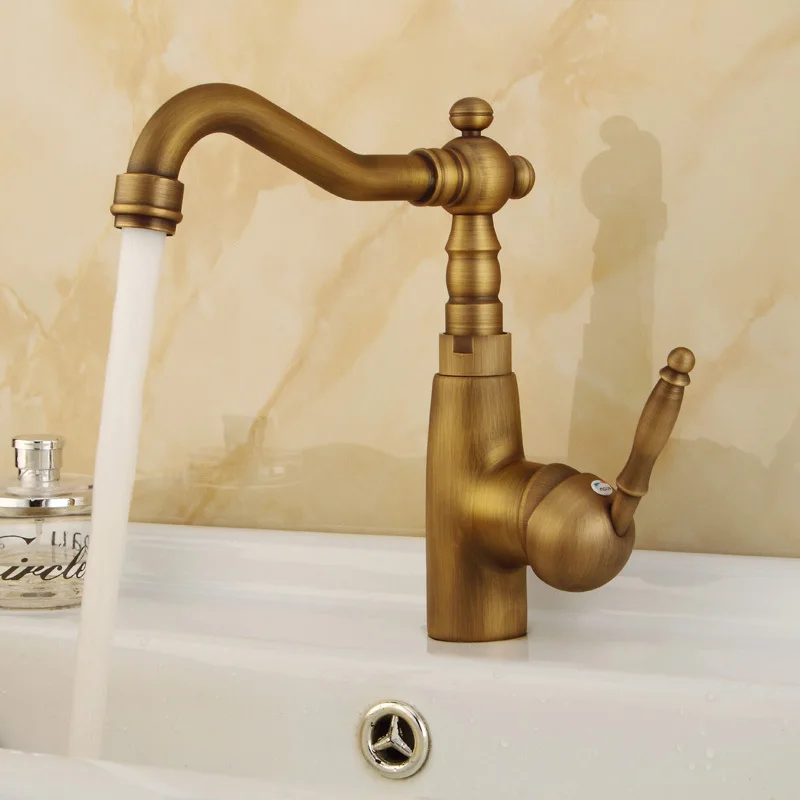 Antique Brass Bathroom Faucet Basin Faucet Single Hole Vanity Vessel Sinks Mixer Tap Cold And Hot Water Tap Deck Mount KD1175