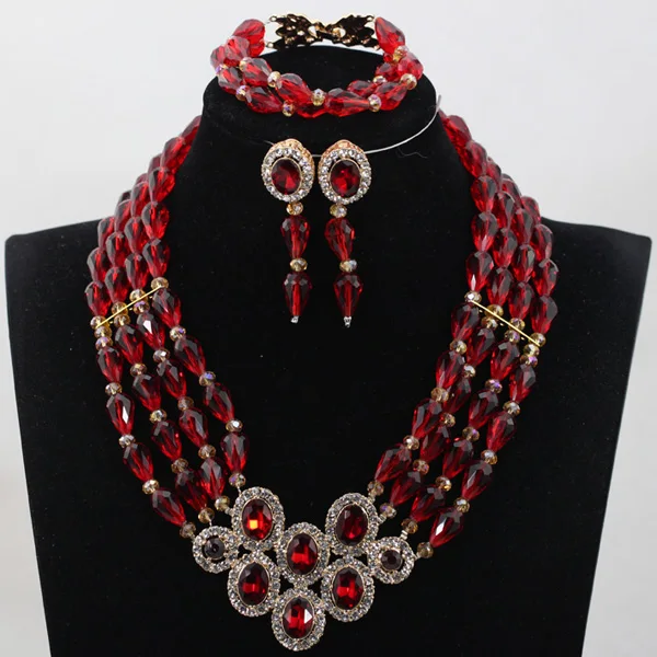 Burgundy Teardrop Beads Wine African Beads Crytal Rhinestone Pendant Necklace Set Bridal Indian Jewelry Set Free Shipping ABH263