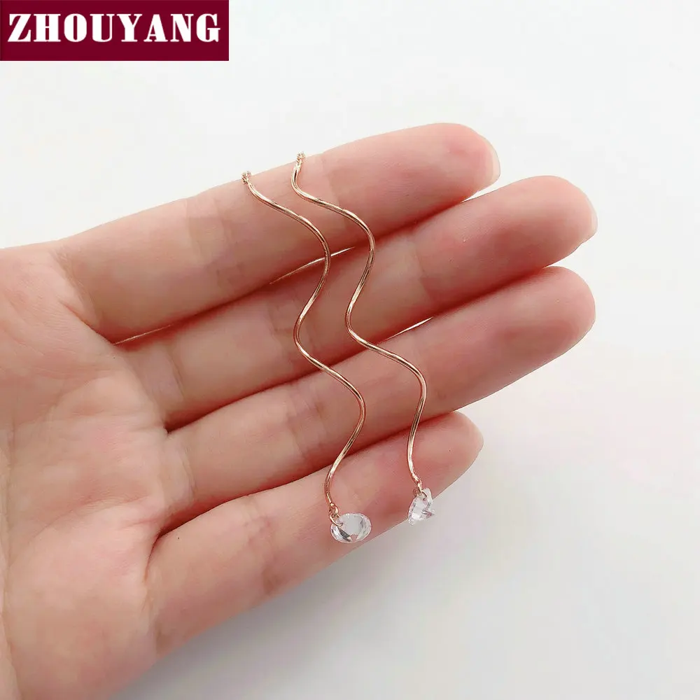 ZHOUYANG Earrings For Women Simple Spiral Ear Line AAA+ Cubic Zirconia Rose Gold Color Fashion Earrings Jewelry KC170