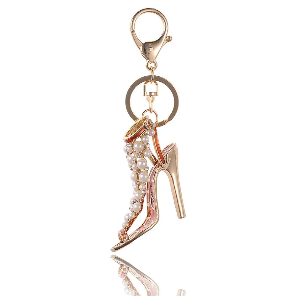 Gota de Óleo Gotejamento Liga de alta Qualidade Chaveiro Chaveiro Esmalte sapatos de Salto Alto Strass Pérolas de cristal KeyChain Anel Chave inoxidável mulheres