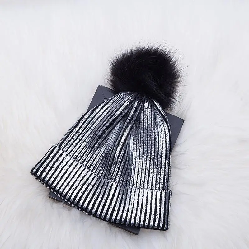 2018 women Winter Ins Gold Silver Women\'s Knitwear Fashion balaclava hair ball winter cap hats for women beanie hats