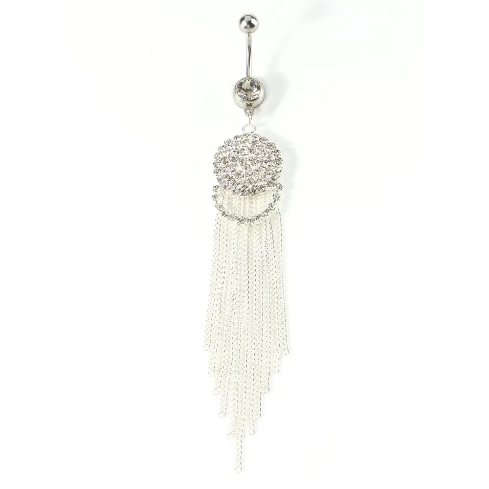 1pc Trendy Long Tassel Belly Button Ring with Rhinestone Charm Surgical Steel Navel Piercing Dangle Belly Piercing Body Jewelry