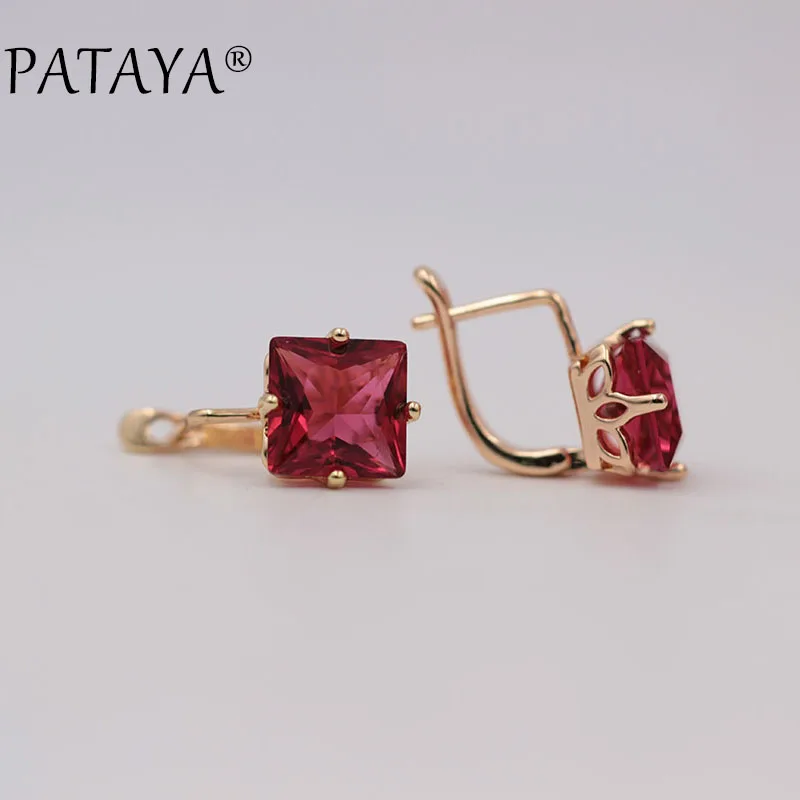 PATAYA New Trendy Wedding Earrings Women 585 Rose Gold Color Jewelry Fashion Big Square Pink Natural Zircon Luxury Drop Earrings