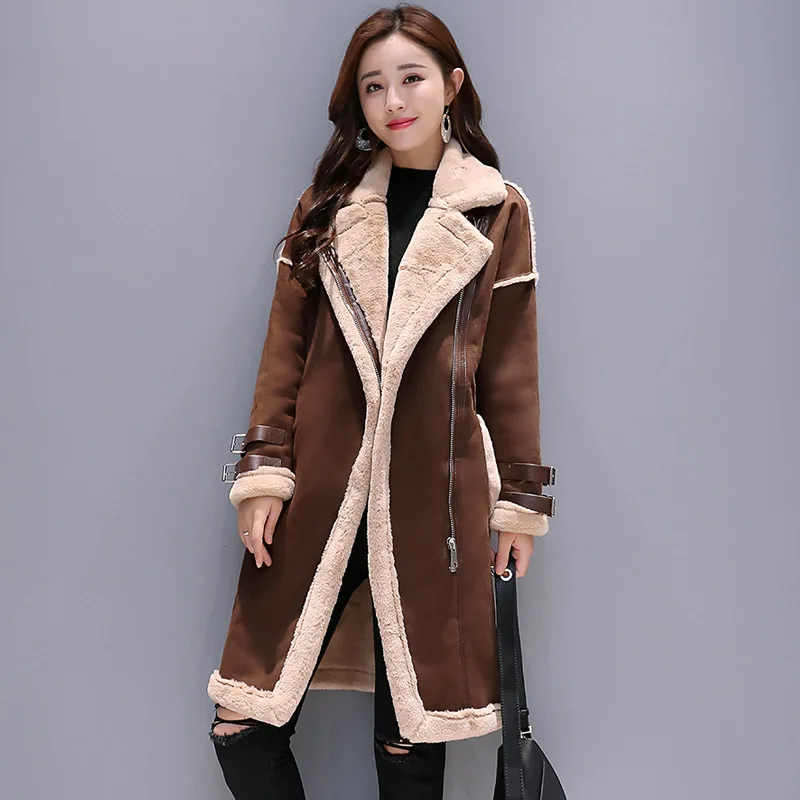 Women Suede Fur Coat Warm Fashion Long Trench Coats Jackets Faux Sheepskin 2022 Autumn Winter F0102 Lamb Fleece 2 Choices