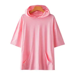 Plus Größe frauen Sommer Lose Kurzen Ärmeln T-shirt Büste 144cm 5XL 6XL 7XL 8XL 9XL Feste Kapuze top 5 Farben