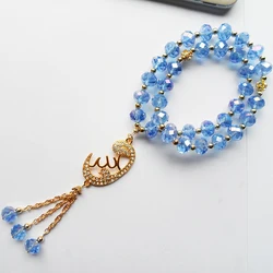 2022 Classic 2R Rope Chain Sky blue crystal Muslim bracelet With elastic Plated gold alloy chain Link Muslim pendant bracelets