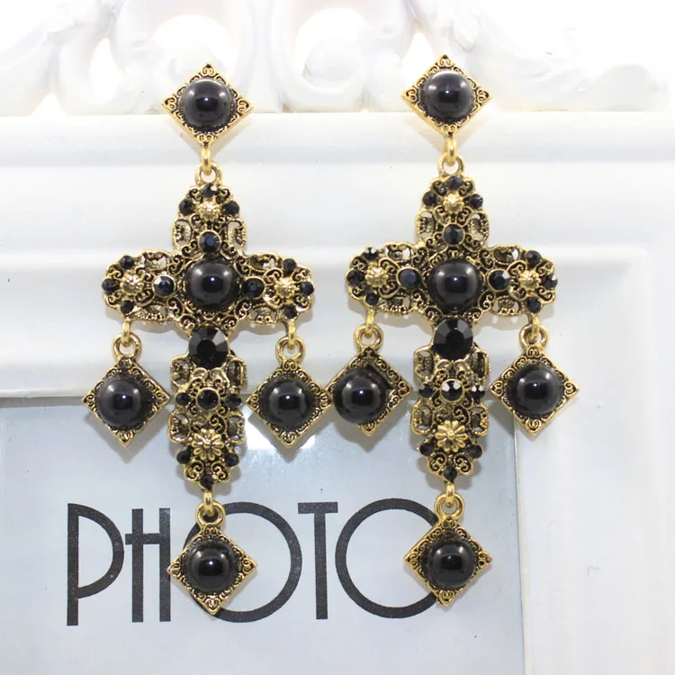 Baroque Fashion Vintage Cross Pearl Dangle Long crystals Tassel Pendant Retro Statement Earrings Women Party Earrings