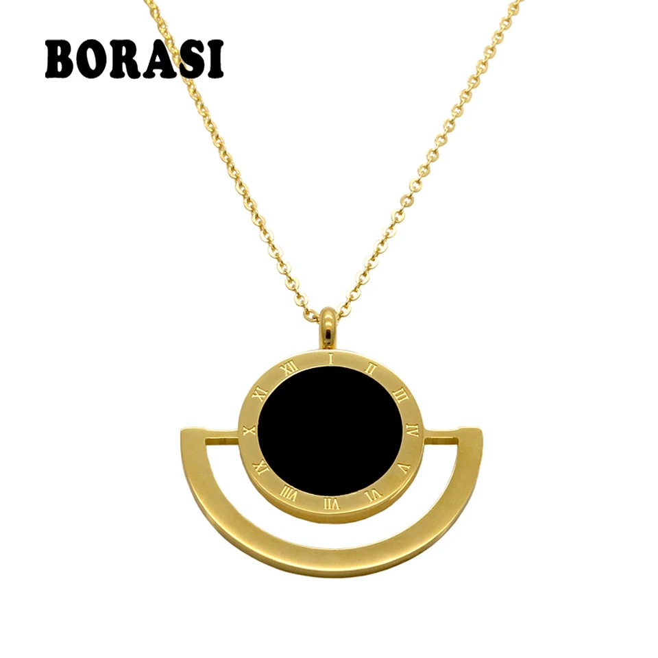 New Women Jewelry Necklaces & Pendants Gold Stainless Steel Chain Black Round Resin Roman Numeral Necklaces Pendant For Women