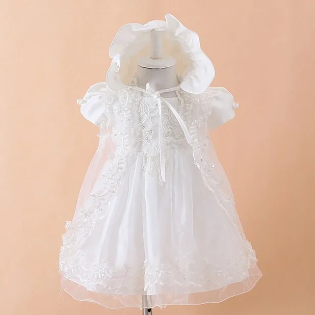 Baby Girls Christening Gown with Hat Birthday Wedding Party Baby Dresses Lace Embroidery Infant Baptism Vestidos Infantis 3-18M