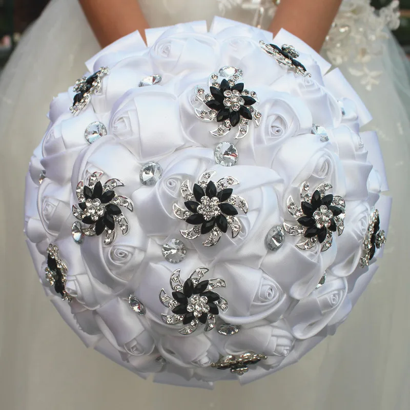 Black White Silver Artificial Flowers Bouquets Diamond Crystal Marriage Wedding Bouquet Rose Bride Bouquet Ramo De Novia