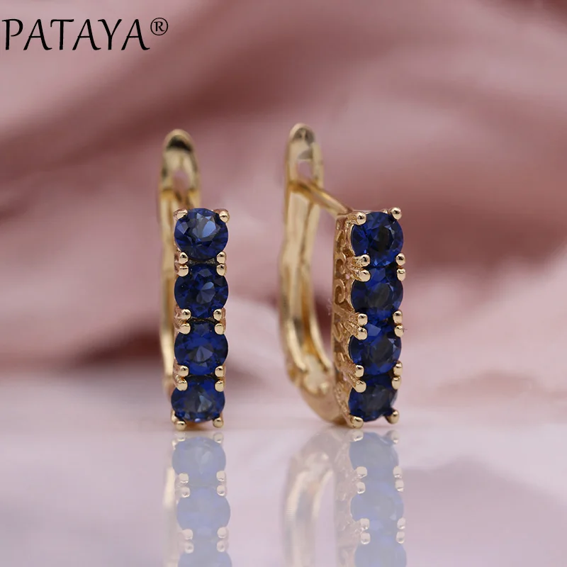 PATAYA New Fine Pendant Earring 585 Rose Gold Color Four Round Blue Natural Zircon Earrings Women Fashion Wedding Cute Jewelry