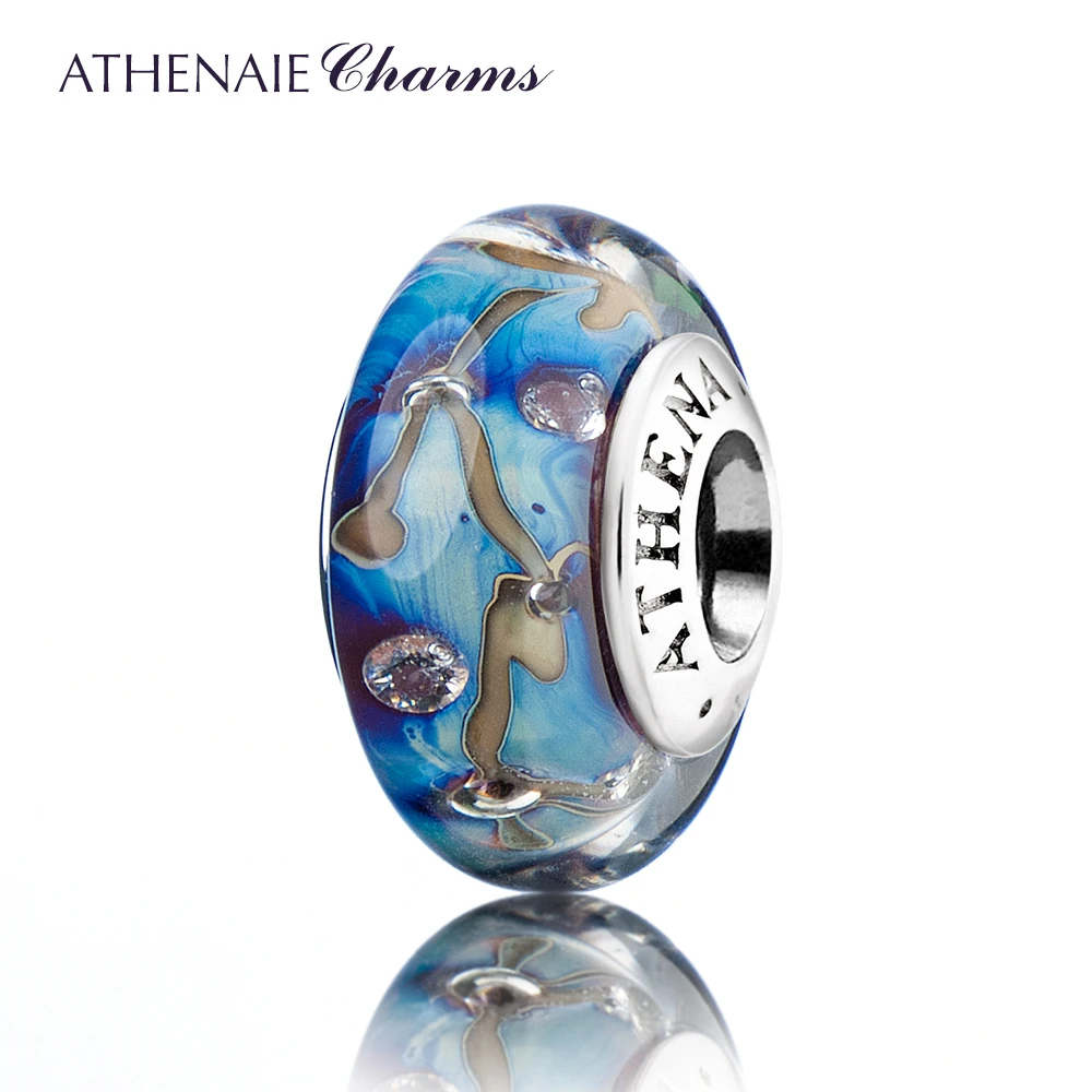 ATHENAIE Genuine Murano Glass 925 Silver Core Stars of Nights Charm Bead Fit European Bracelets Color Blue Christmas DIY Jewelry