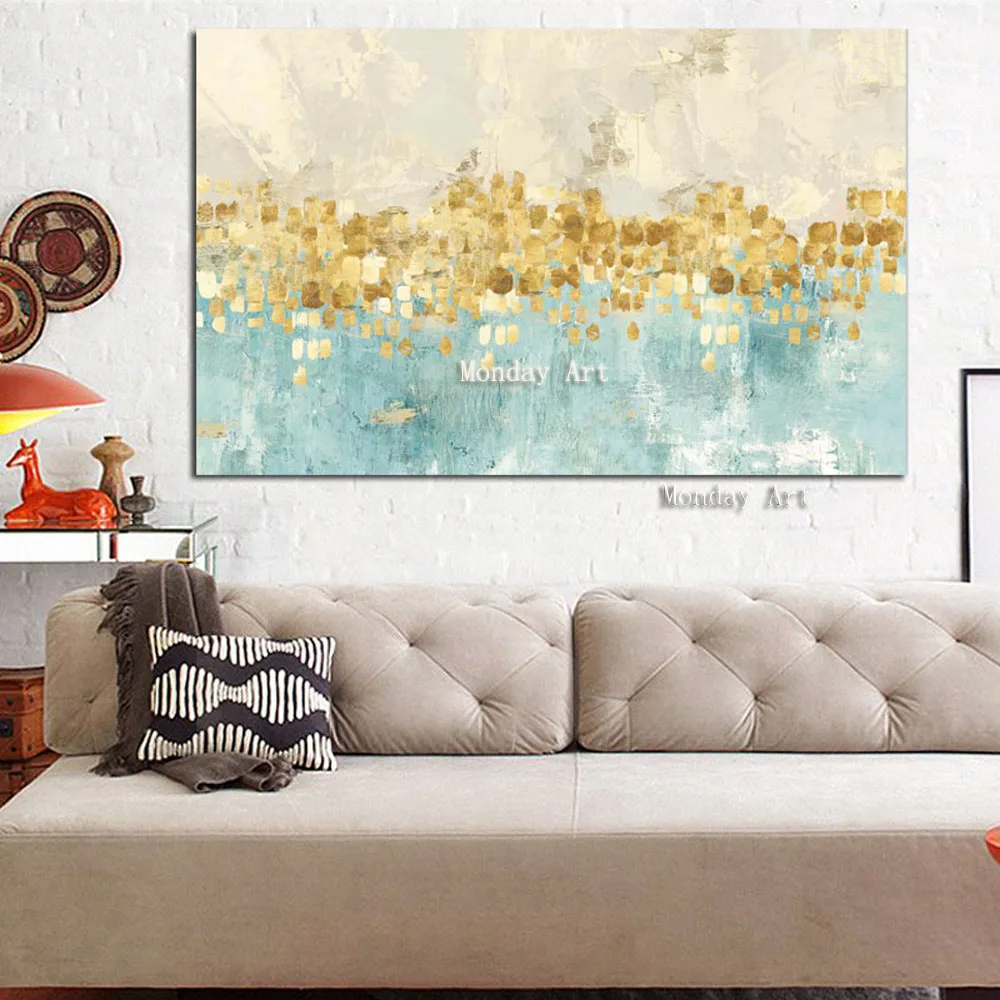 

Top aritist high quality HandPainted Abstract Gold Art with Blue Wall Picture Handmade Golden Canvas Oil Painting for Home Decor