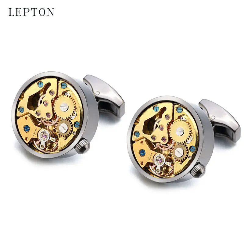 Lepton Gold Watch Movement Cufflinks for Men Stainless Steel Steampunk Gear Design Immovable Relojes Gemelos Hot Sale Gift