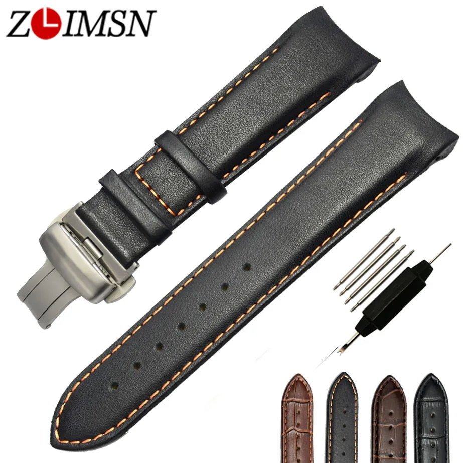 Smooth Watchbands Black Brown Leather Watch Band Straps Orange Stitched Curved Watchbands Men 22 23 Belt Metal Buckles T035