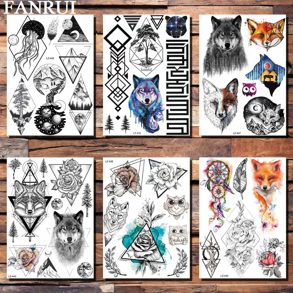 FANRUI Geometric Rose Flower Galaxy Wolf Temporary Tattoo Sticker Triangle Tatoo Owl Feather Body Art Arm Armband Custom Tatoos