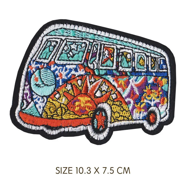 Cartoon Bus Colour Peace Iron On Patches wholesale for Clothing Peace Automobile Back Rubber Bulldog Embroidery Appliques Badges