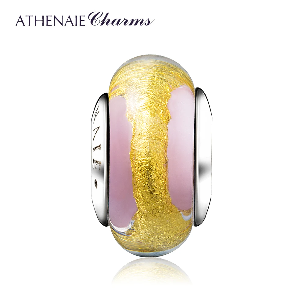 ATHENAIE 100% argento Sterling 925 Macaron lamina d\'oro rosa vetro di Murano perline misura Charms braccialetto gioielli fai da te regalo per la