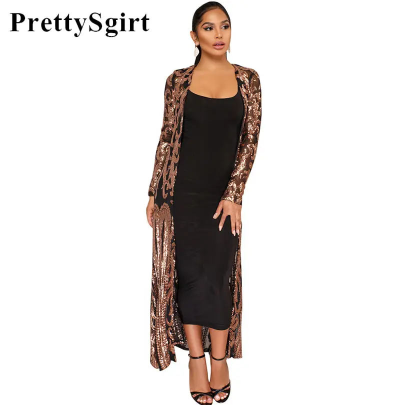 Sheer Sequin Cardigan Longline Spangle Open Stitch See-through Casual Women Long Duster Cardigan