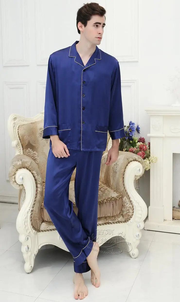 

100% mulberry silk male household to take heavy silk pajamas M - big yards XXXXL (blue)