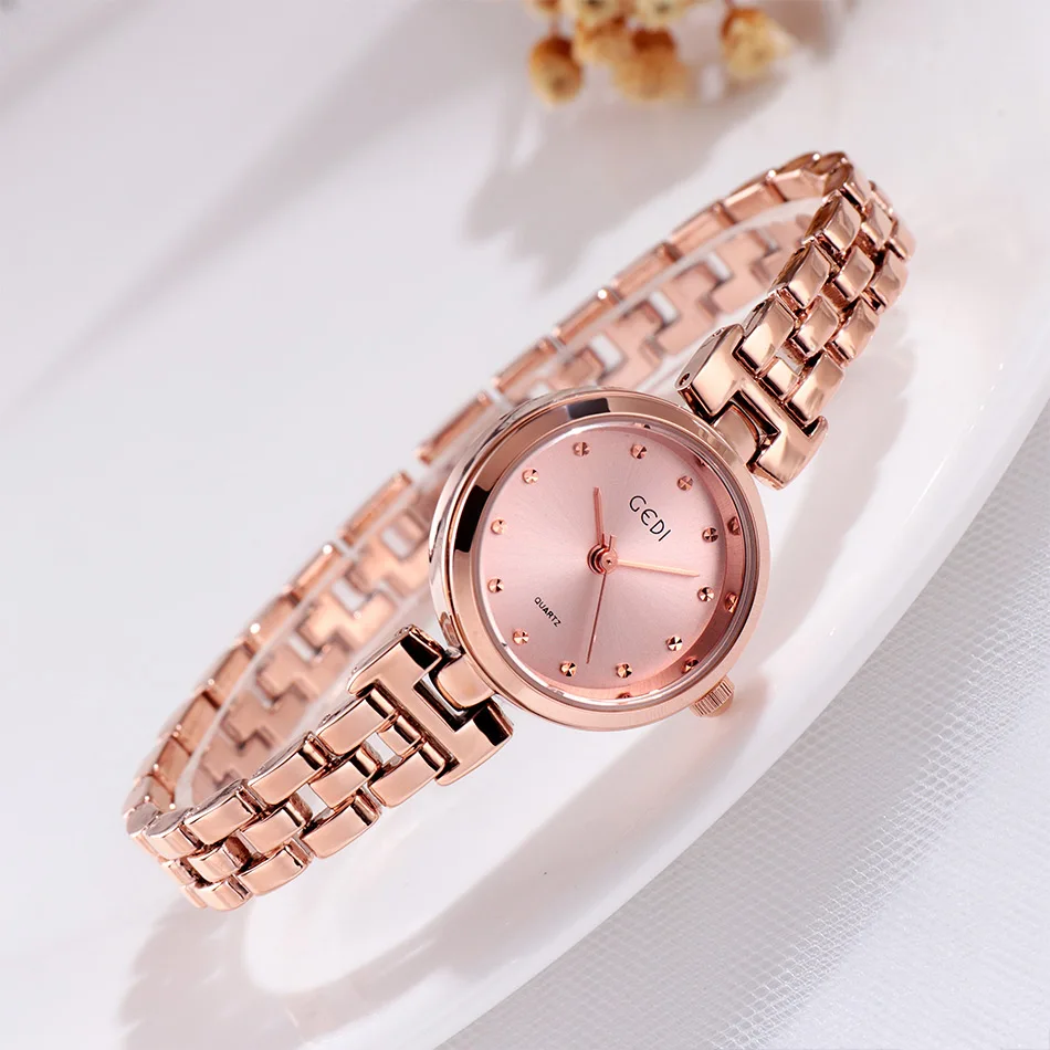 GEDI نساء فستان ساعات فاخرة ماركة السيدات ساعة كوارتز سوار فولاذي غير قابل للصدأ عادية روزيغولد المرأة ساعة اليد reloj mujer