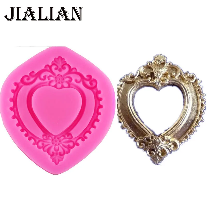 Hot Vintage Love Heart Shape Mirror Frame 3D Silicone Mold Fondant Chocolate Molds Cake Decorating Tools T0730