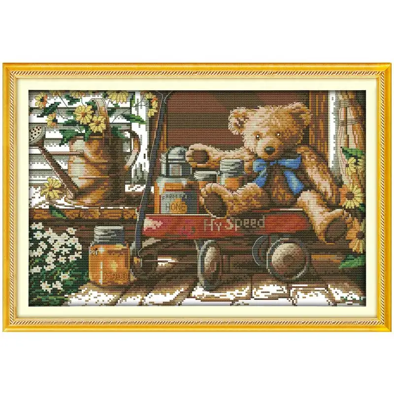 Honey Bear Patterns Counted Cross Stitch Set DIY 11CT 14CT 16CT Stamped DMC Cross-stitch Kit Embroidery Needlework Home Decor