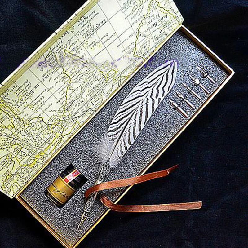 

High Quality Quill Lophura Nycthemera Feather Pen Set with 5 Nibs 1 Ink Signature Calligraphy Carving Wedding Gift Dip Pen