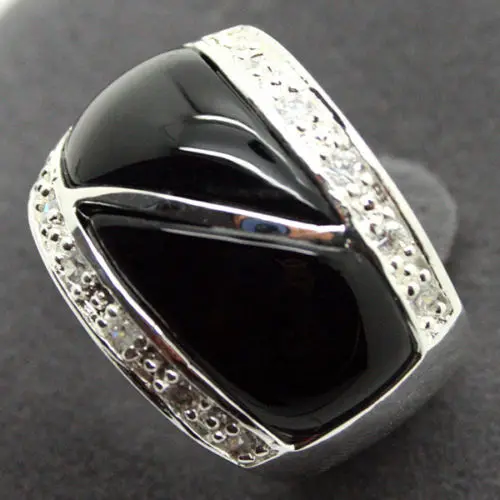 

22X16mm Natural Black Natural jade Solid 925 Silver Ring Size 7/8/9/10