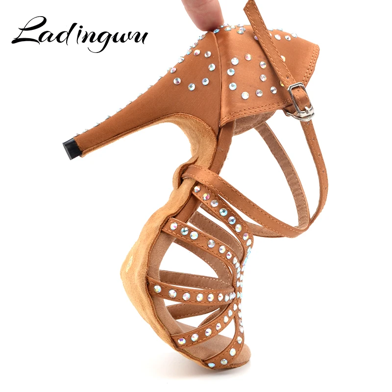 Ladingwu-Chaussures de brevLatine à Strass Pailletés pour Femme, Talon Haut de 10cm, Satin Marron, Salsa, Mariage, Salle de Bal