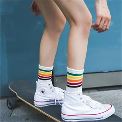 Harajuku Cool Skateborad Short Rainbow Socks Art Women Fashion White Cotton Cocks Hipster Cartoon Colored Ankle Socks Female