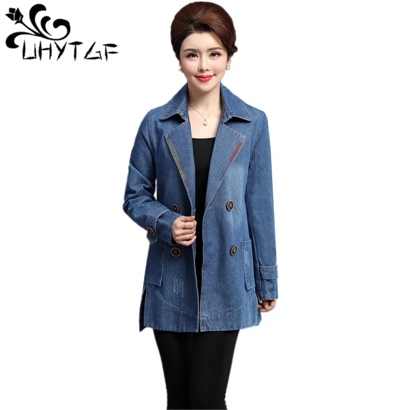 

UHYTGF Spring jeans Trench Coats woman 2022 Female Casual 4XL Big size Trench Coat Women denim Korean Double-breasted Coat X349