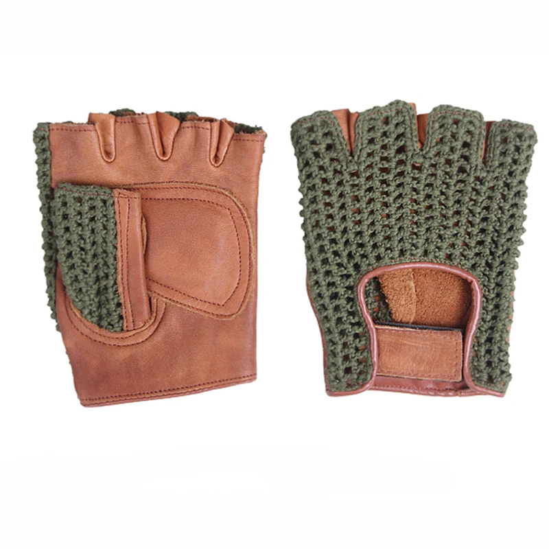 Guanti da uomo semi-dito in vera pelle mezze dita pelle di montone moda mano indietro guanti in pelle traspirante lavorati a maglia TB06