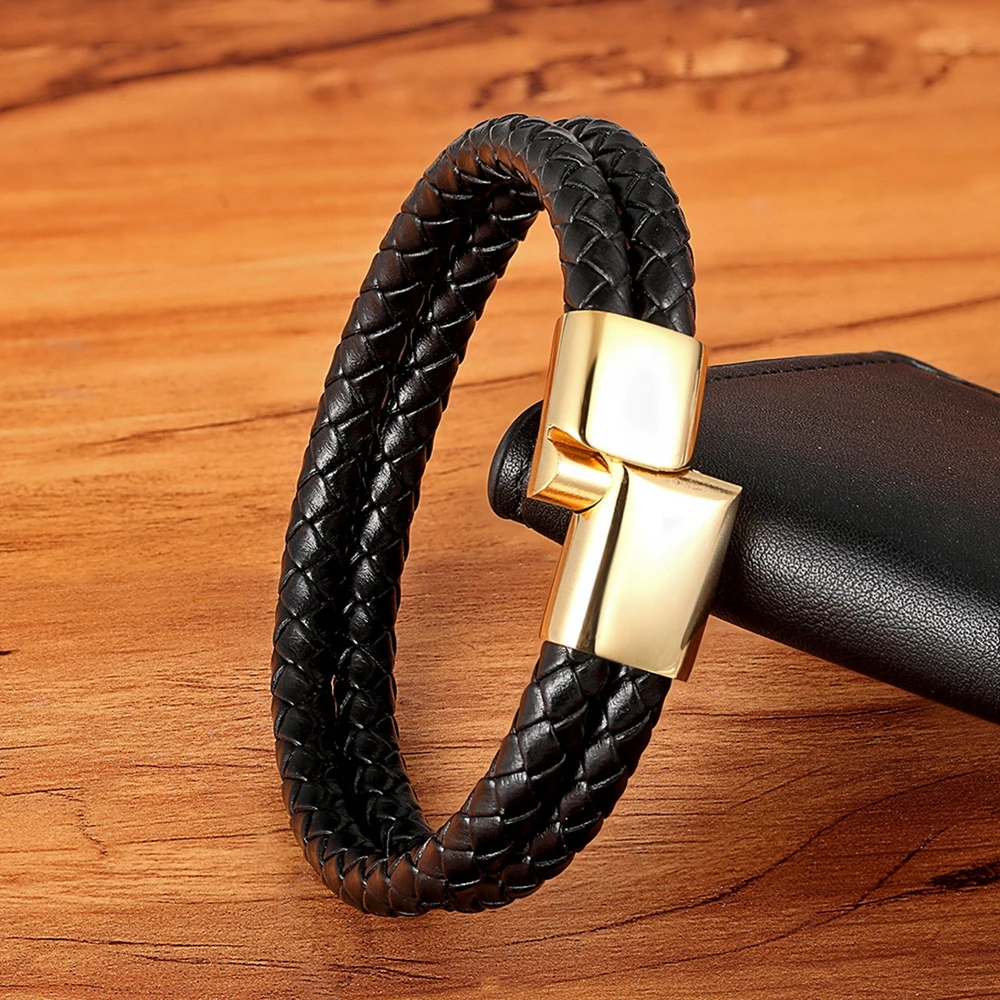 XQNI New Design Classic Vintage leather Stainless Steel Leather Men\'s Bracelet Steel Color Button Accessories Christmas Gifts