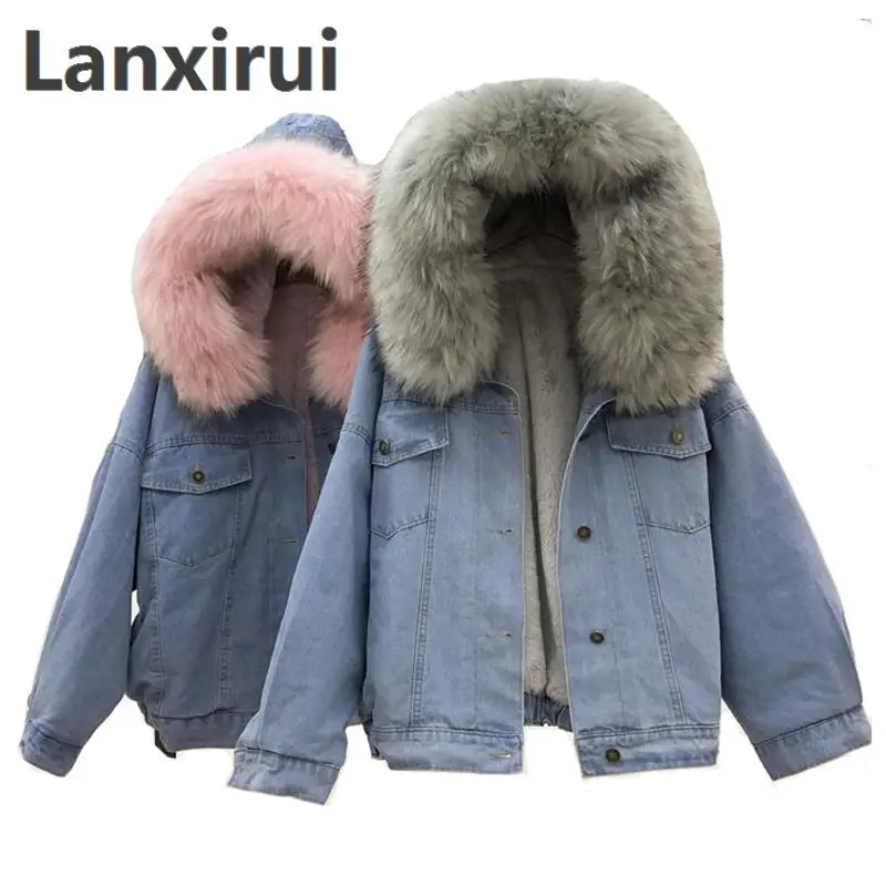 Winter Women Jean Jacket Coat Faux Fur Collar Fleece Hooded Jacket Lamb Fur Cashmere Cowgirls Padded Denim Coat