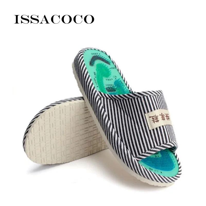 ISSACOCO-Chinelos de massagem masculina com ímã, chinelos internos, chinelo doméstico, chinelos de massagem nos pés, listra azul, sapatos de verão