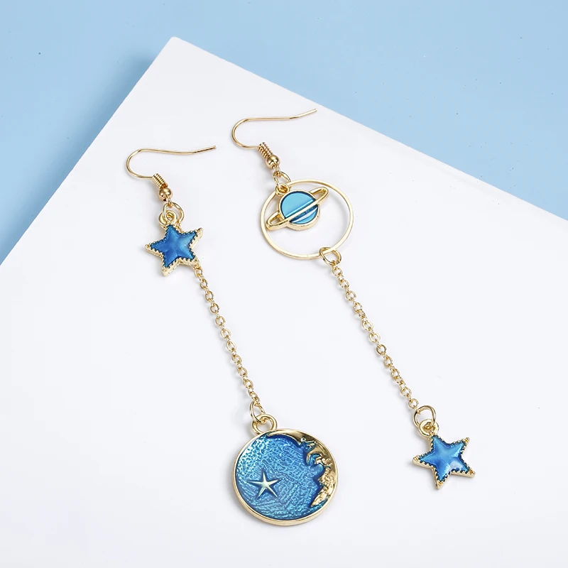 2018 New Korean Japan Lovely Blue Enamel Universen Moon Star Asymmetric Circle Long Earrings For Women Girl Spacecraft Brinco