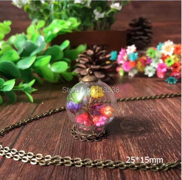 

free ship 20set/lot 25*15mm Glass Bubble vial with lace base with top cap with 70cm necklace set DIY vial pendant glass bubble