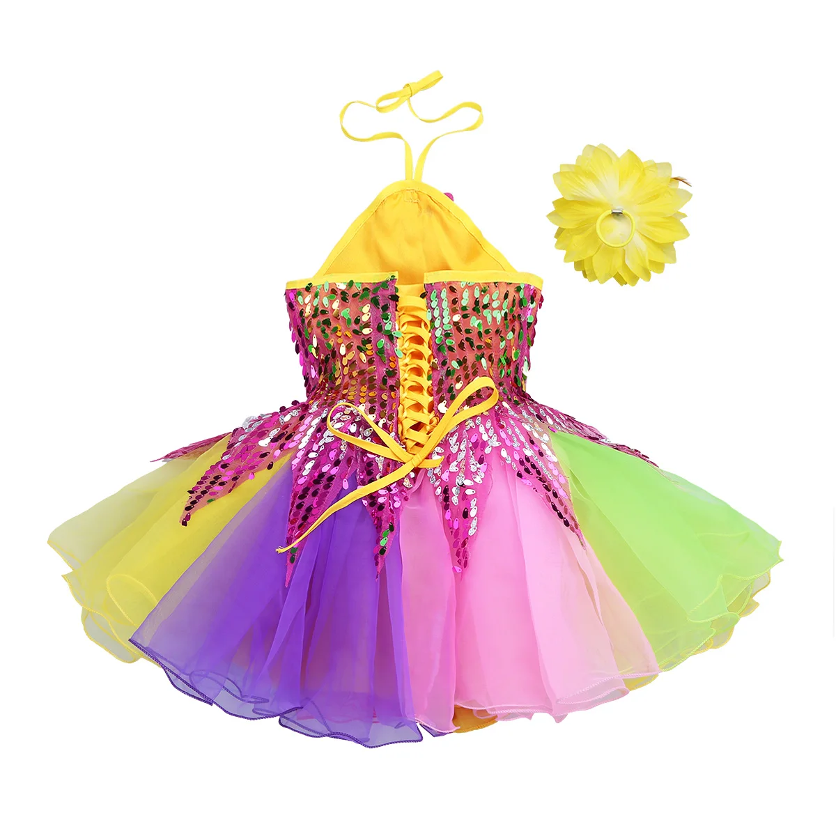 Bambini Ragazze Paillettes Balletto Dancewear Ballerina Tutu di Ballo del Vestito Da Ballo di Jazz Lyrical Halter 3D Fiore Applique Gonna Colorata