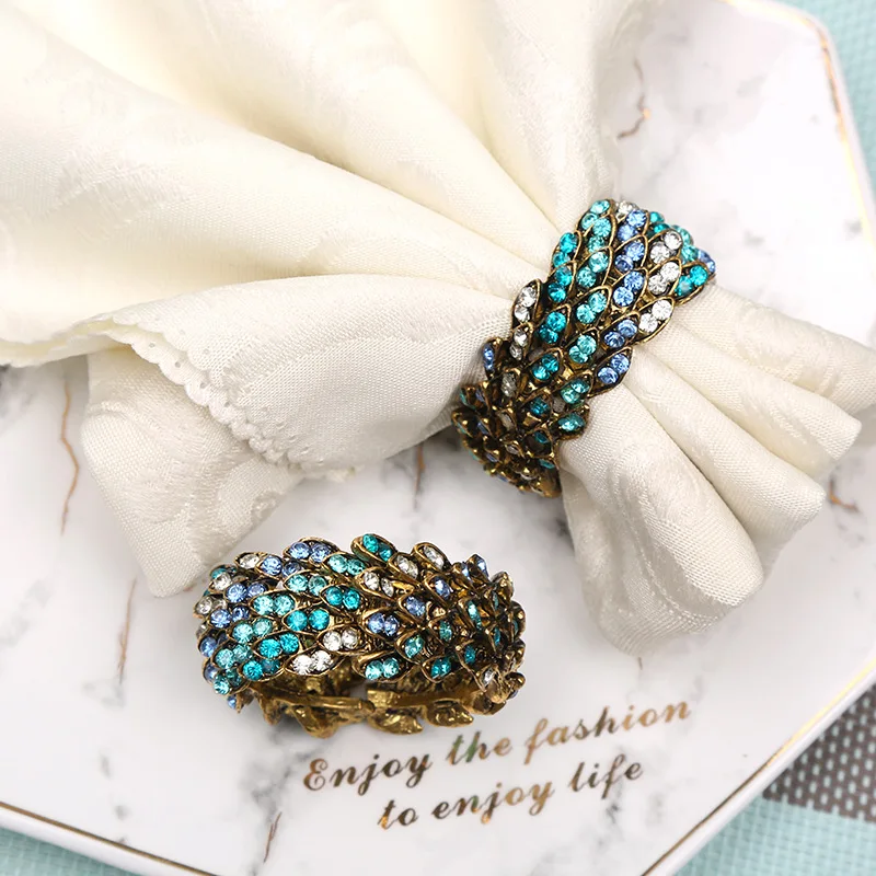 Creative Zinc Alloy Napkin Ring, Blue Rhinestone, Hotel Box, Table Decoration, 10Pcs