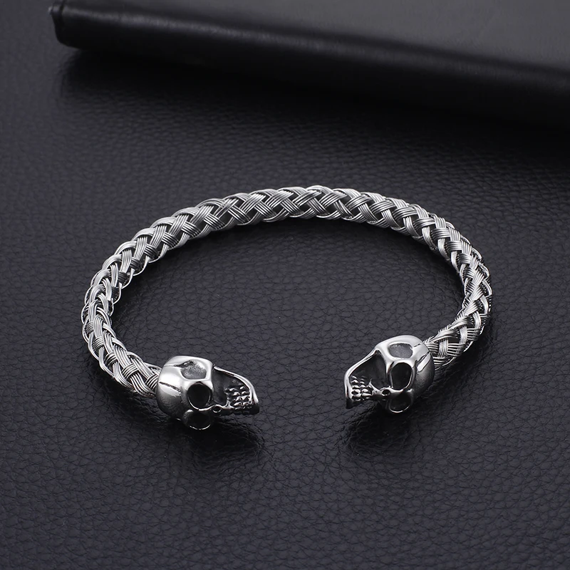 Stainless Steel Cuff bangle Biker skull End Open Bracelet knot Wire chain xmas Gifts