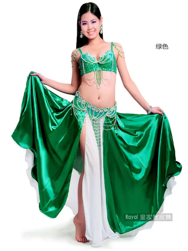 Professional Performance Belly dance costume wear Women\'s belly dancing clothes set belly dancing suit: Bra & belt & satin skirt