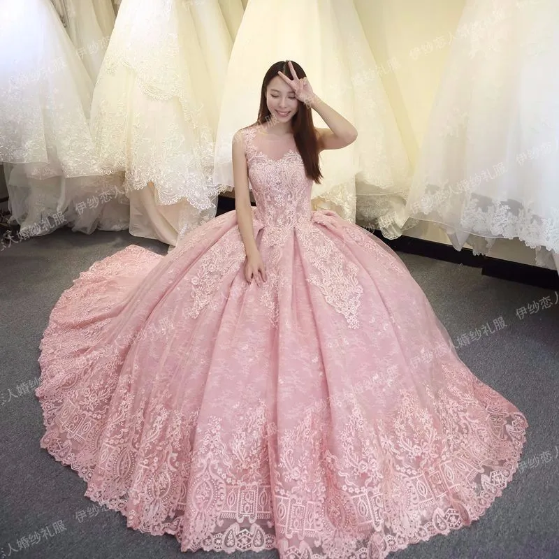 Em zhu robe de mariee sem mangas rosa princesa vestidos de casamento renda applique inchado vestido de baile vestido de noiva