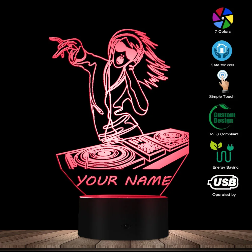 Female Sexy DJ Lady Custom 3D Night Light DJ Headphone Music Girl 3D Glowing Led Lamp w/ Personalised Name DJ Lighting Art Gift